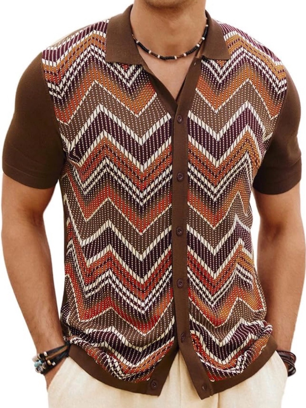 Men's Paul Jones Casual Short Sleeve Button-Down Shirt in Rust Chevron XL